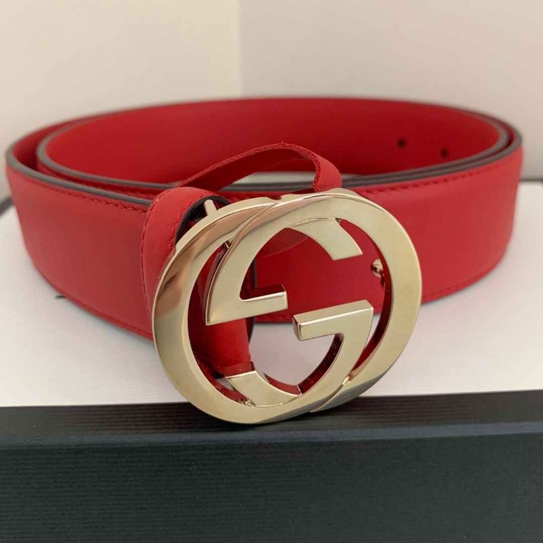 NEW Gucci Interlocking G Red Leather Belt - J'adore Fashion Boutique