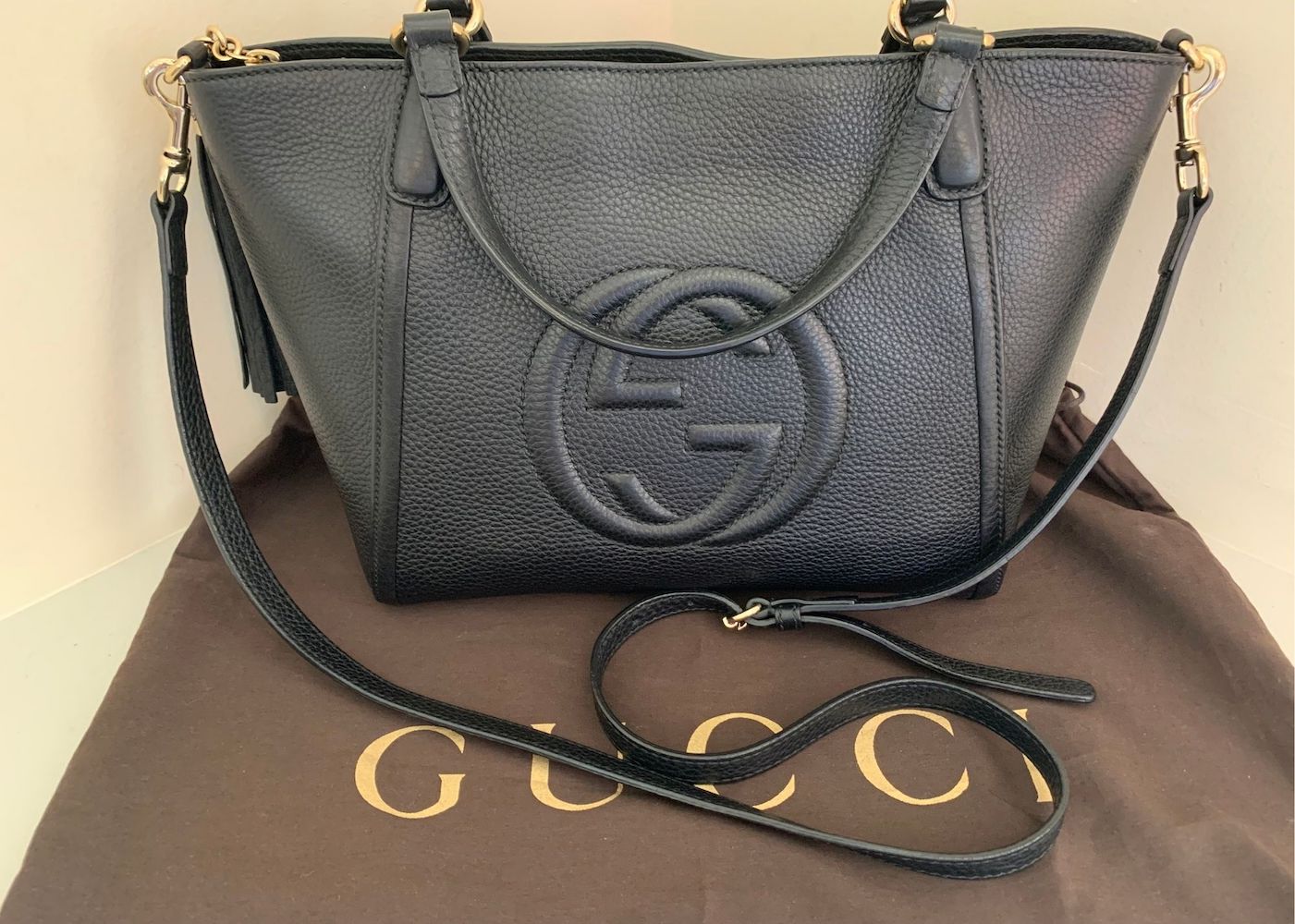 Gucci Soho Convertible Top Handle Bag Black Leather Small