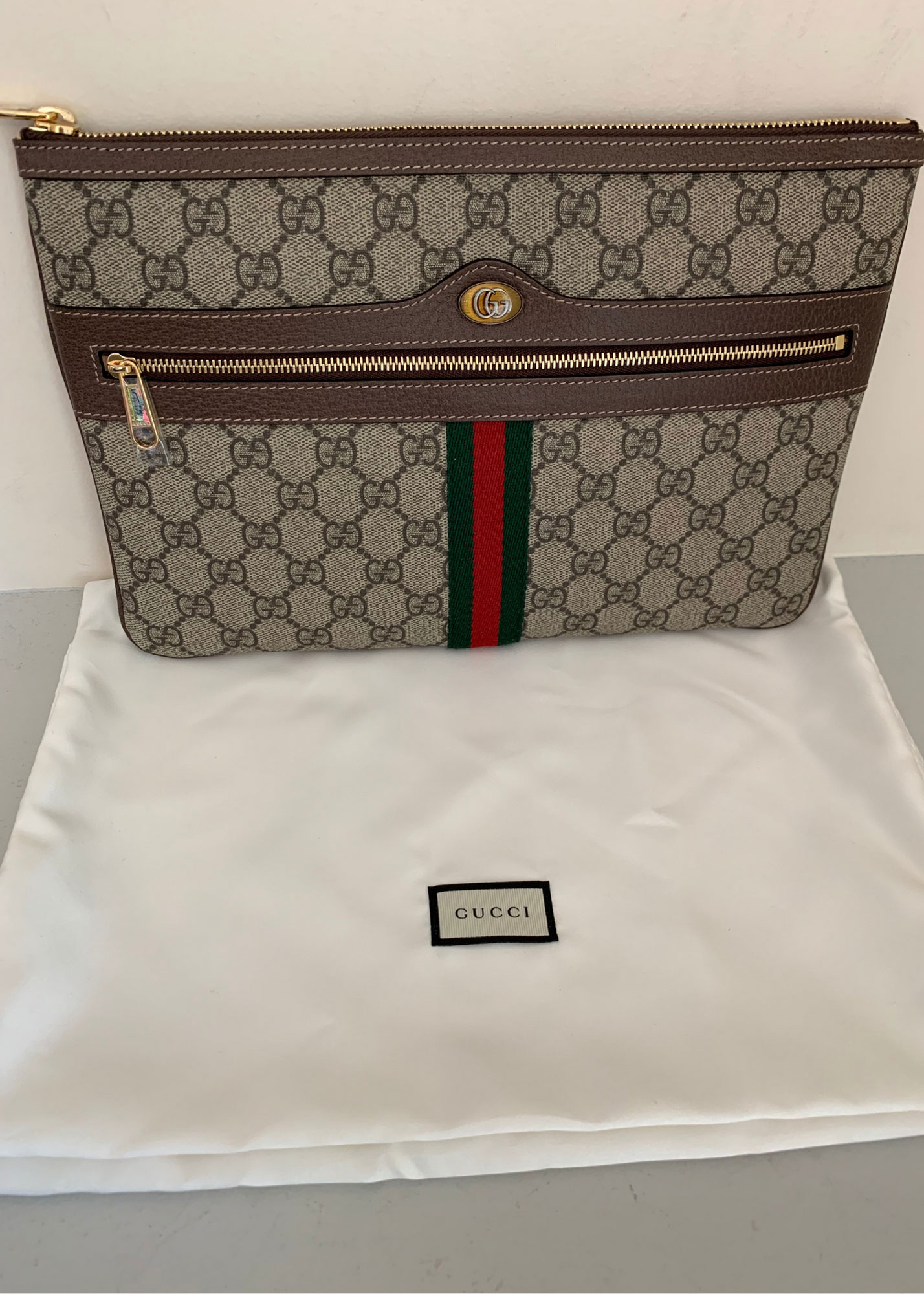 Gucci Zip Top Messenger Bag GG Coated Canvas Large Brown